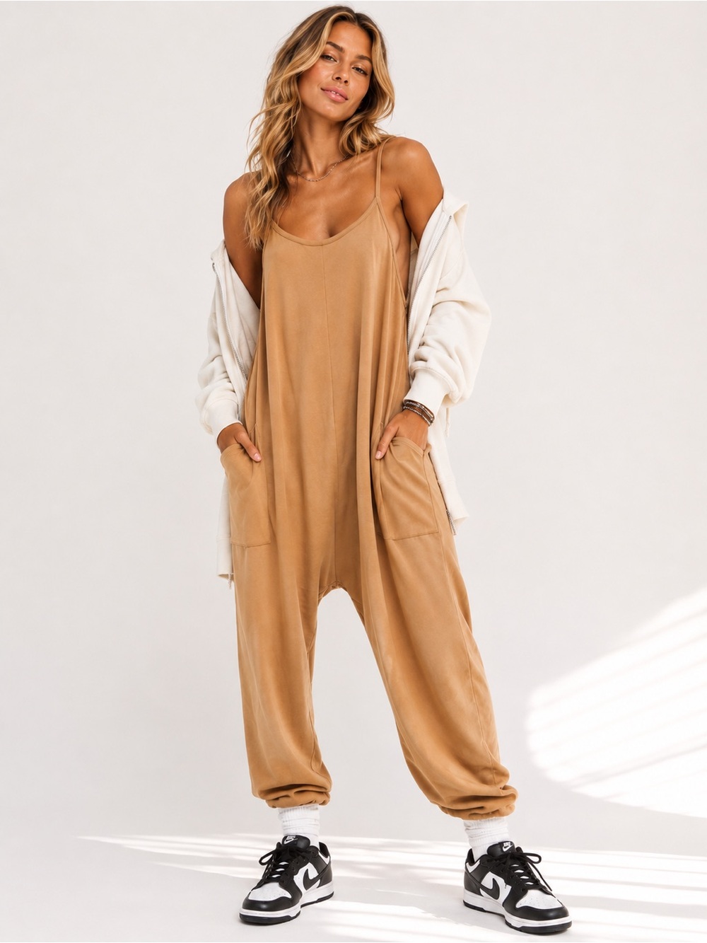 Jumpsuit Casual Camel Spaghetti-Strap with Pockets Sz. M NWOT